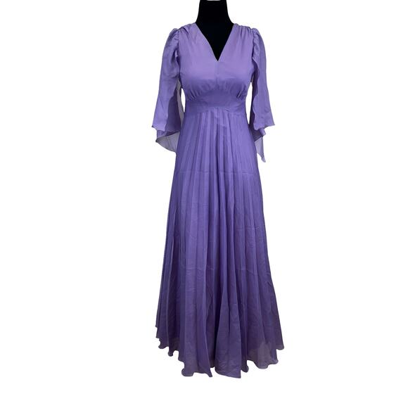 Vintage 1970s Lavender Pleated Maxi Dress with Flutter Sleeves – Size XS/S - Picture 10 of 16